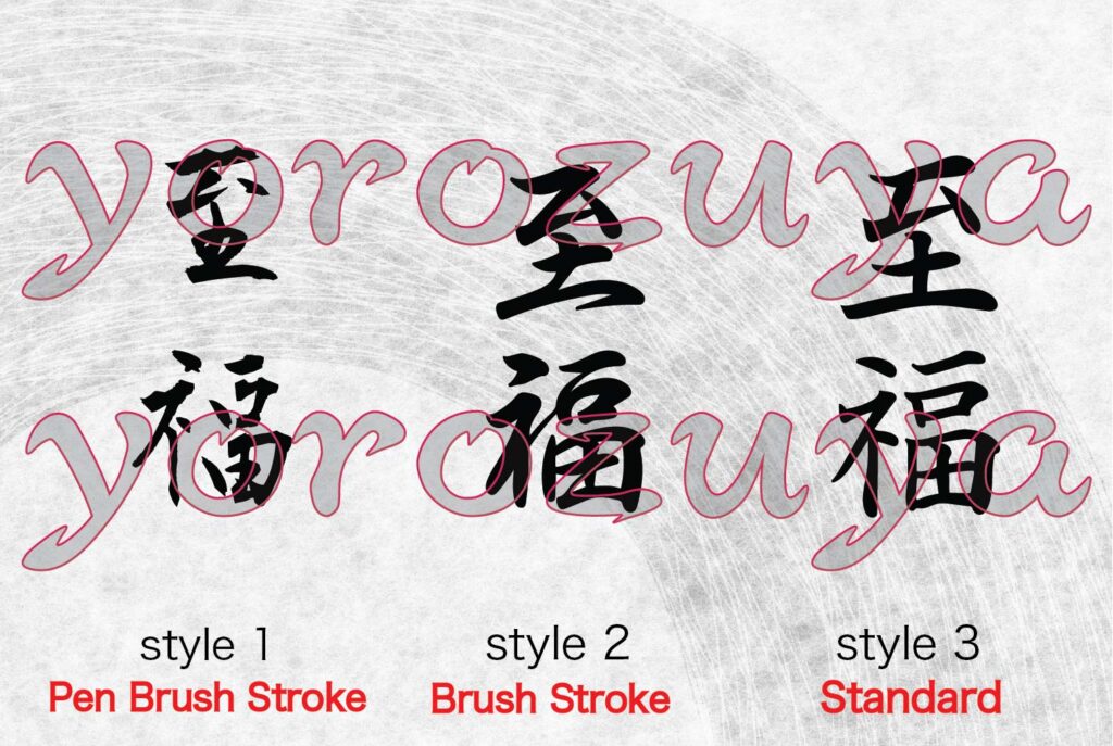 Happiness Bliss Kanji Tattoo writing style comparison Vertical orientation