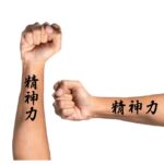 Black Ink Chinese Symbol Strength Tattoo On Arm